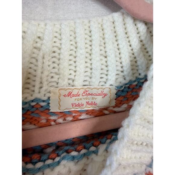Vintage Ski Sweater Coral Teal White Wool Knit Cozy Winter High Neck Est LG - Picture 3 of 6